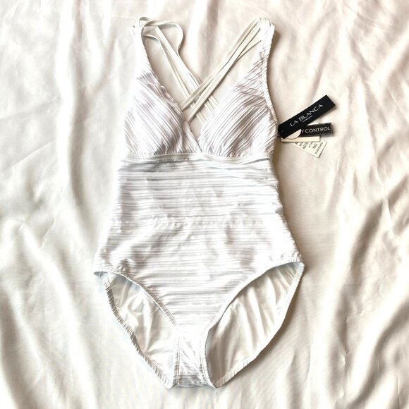 LA BLANCA Fluid Lines Multi-Strap Mesh One Piece Swimsuit 12 White NWT - Picture 3 of 13